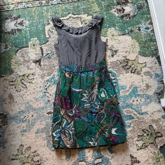Anthropologie Maeve silk Charcoal and Teal Paisley Dress - Picture 8 of 9